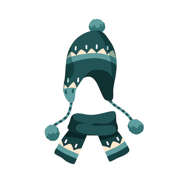 Ornamented knitted childish chullo and scarf. Winter green earflap hat with pompom for children. Warm knitted headwear for kids. Flat vector cartoon illustration isolated on white background.