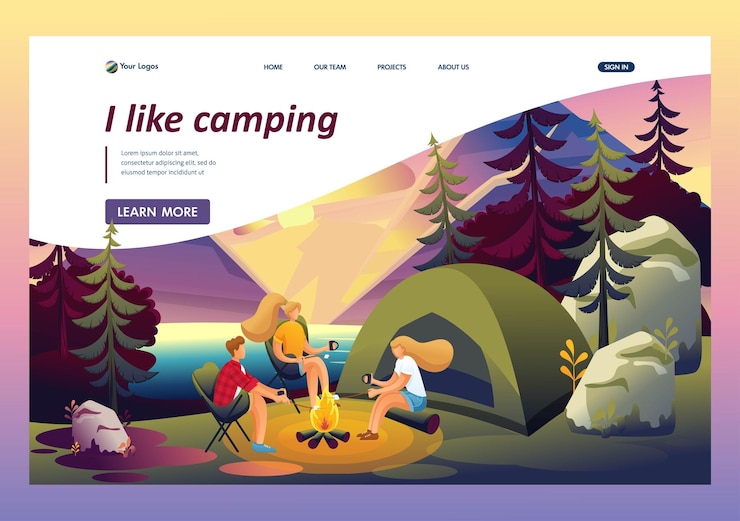 Vector outdoor recreation friends by the fire at sunset camping flat 2d character landing page concepts and web design