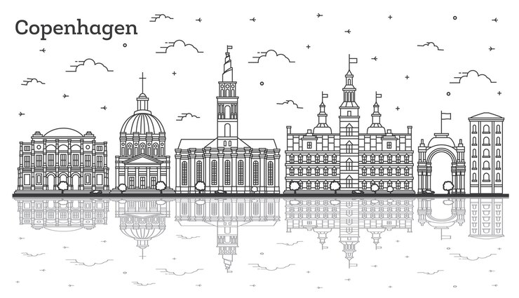Vector outline copenhagen denmark city skyline with historic buildings and reflections isolated on white