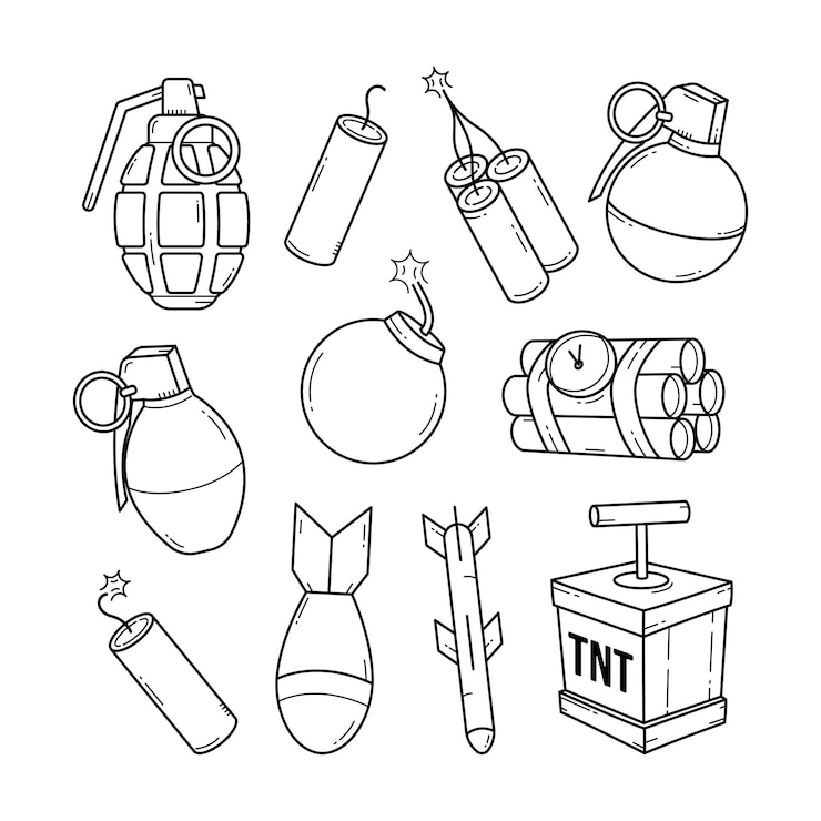 Vector outline doodle bomb and grenade objects sketch hand drawn vector graphic