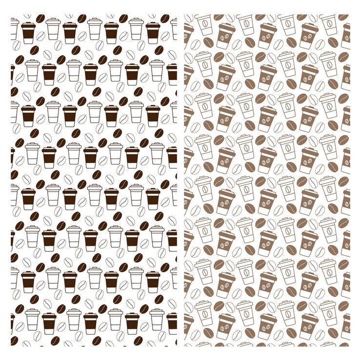 Outline drawn disposable cups and coffee beans in trendy monochrome brown Seamless pattern Set of 2