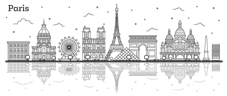 Vector outline paris france city skyline with historic buildings and reflections isolated on white. vector illustration. paris cityscape with landmarks.