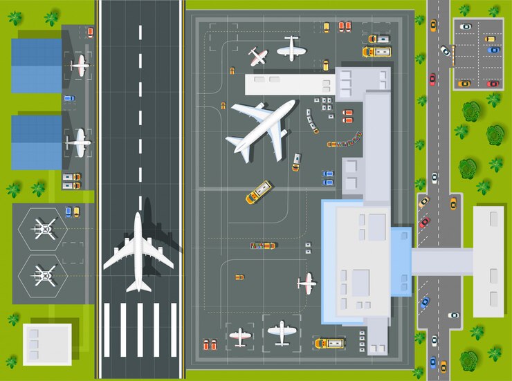 Overhead point of view airport with all the buildings, planes, vehicles and airport 