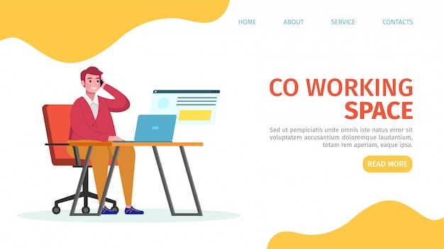 oworking space landing  illustration. man sits on chair and makes phone call. workspace in office modernly equipped. employee work using laptop at table. interior  minimalistic.