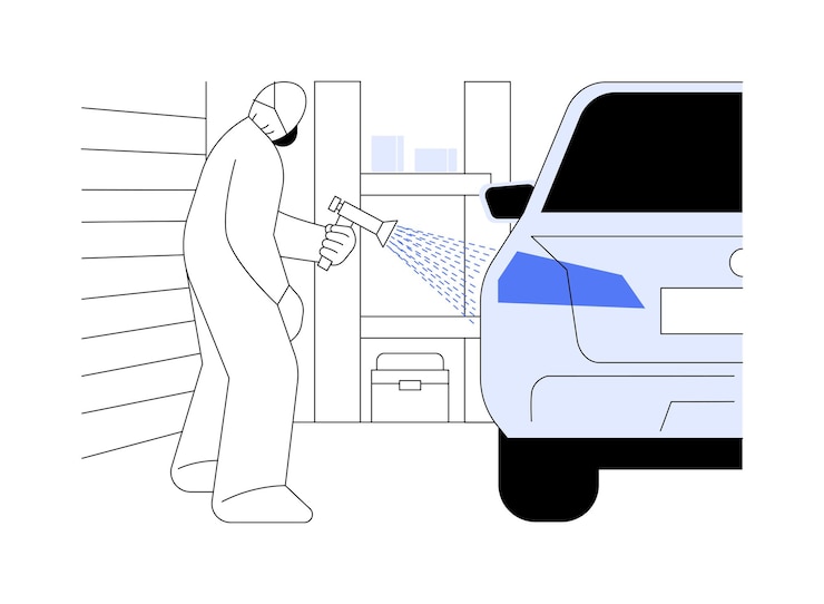 Vector painting car isolated cartoon vector illustrations repairman painting car with special sprayer in