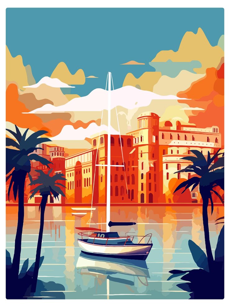Vector palma de mallorca spain vintage travel poster souvenir postcard portrait painting wpa illustration