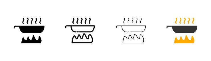 Pan on fire line icon Soup pot cook boil stew food first course kitchen chef dinner eat restaurant Cooking concept Vector icon in line black and colorful style on white background