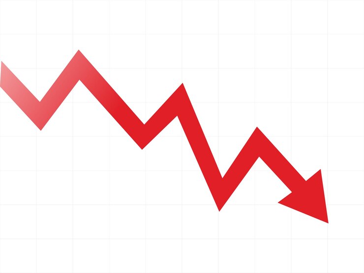 Vector panah merah besar menunjuk ke bawah pada garis grafik kerugian bisnis penurunan keuangan penurunan ekonomi resesi