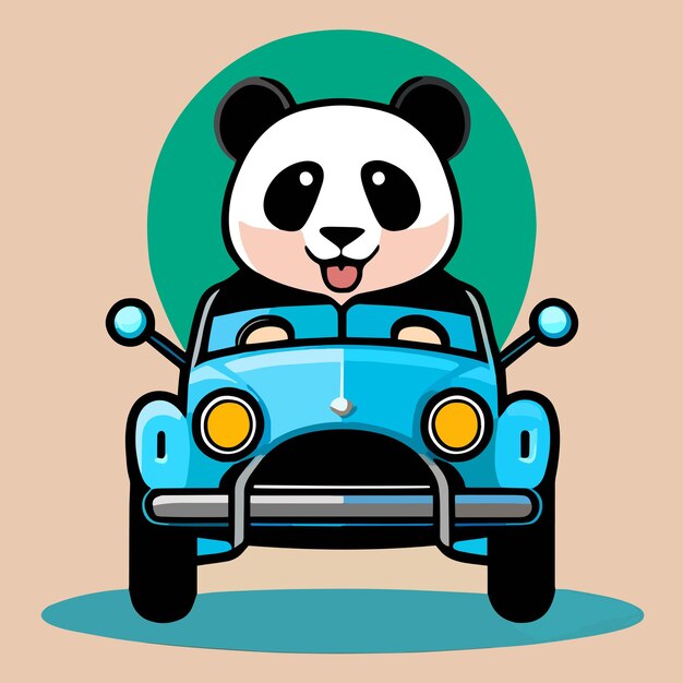 Panda vektor mengendarai mobil, desain kartun datar untuk hewan lucu