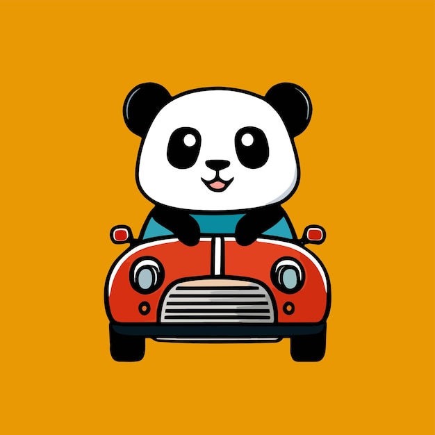 Panda vektor mengendarai mobil, desain kartun datar untuk hewan lucu