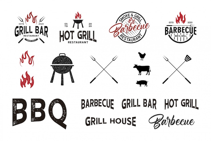 Vector panggangan bbq bertekstur retro vintage, elemen logo barbecue