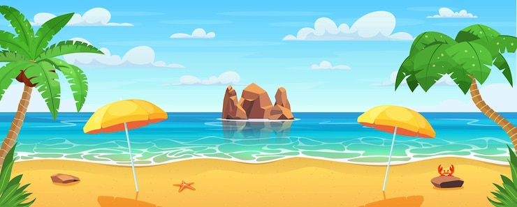 Vector panorama laut. pantai tropis. pemandangan laut, spanduk liburan.