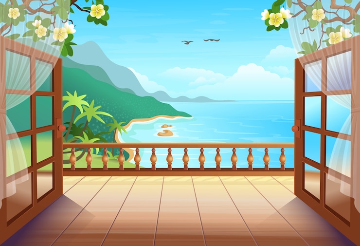 Vector panorama tropical island with open doors, palm trees, sea and the beach. exit to the terrace with tropical island view.  illustration  .