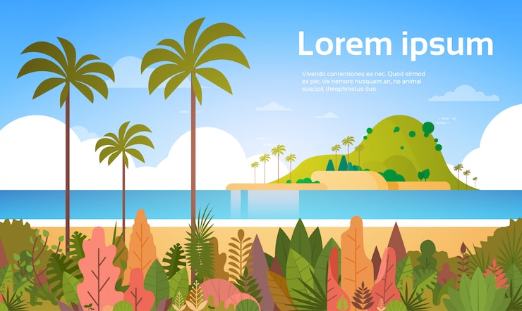 Vector pantai tropis pulau pohon palem laut konsep liburan musim panas