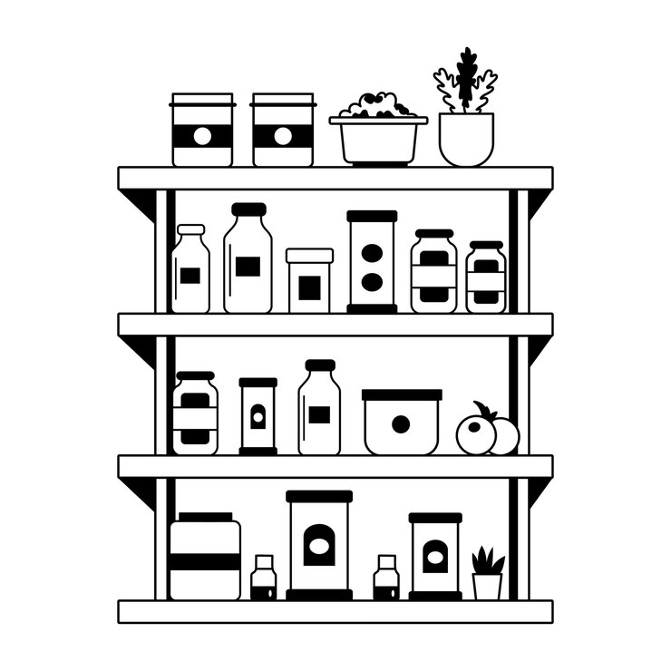 Vector pantry shelf filled with food items a glyph style illustration