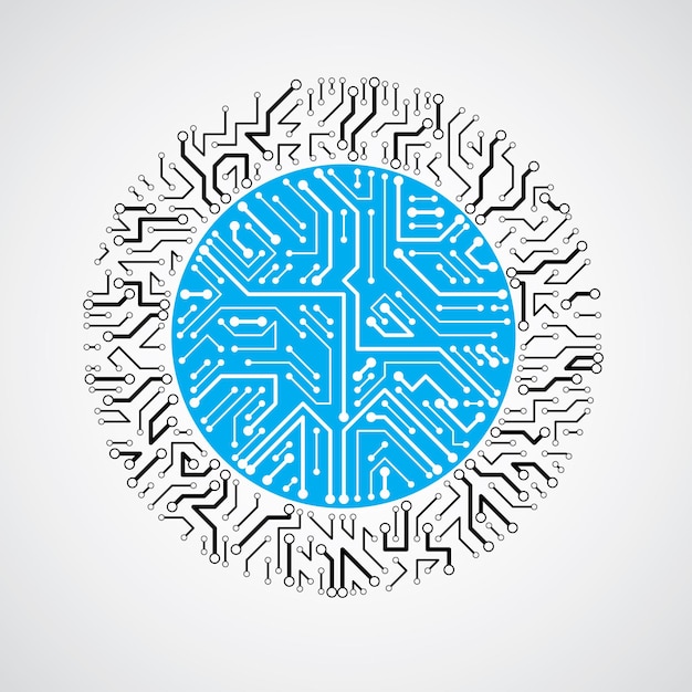 Papan sirkuit bundar dengan komponen elektronik perangkat teknologi. Abstraksi vektor warna-warni dunia maya motherboard komputer.