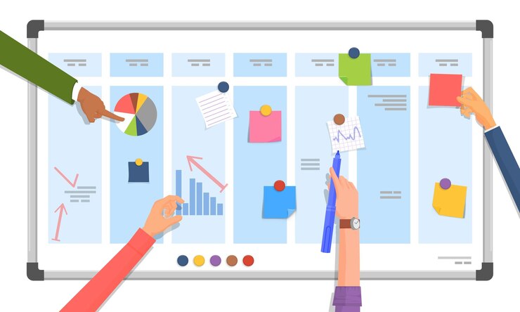 Vector papan strategi bisnis dengan tangan manusia rencana kerja tim