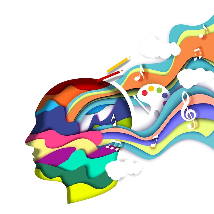 Vector paper cut man head with abstract vibrant shapes vector illustration creative mind art thinking creat...