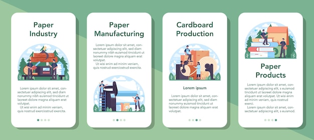 Paper industry mobile application banner set. Wood processing and paper