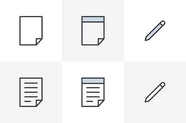 Paper Notepad and Document icon set with Pen Document symbol flat style line icon pack