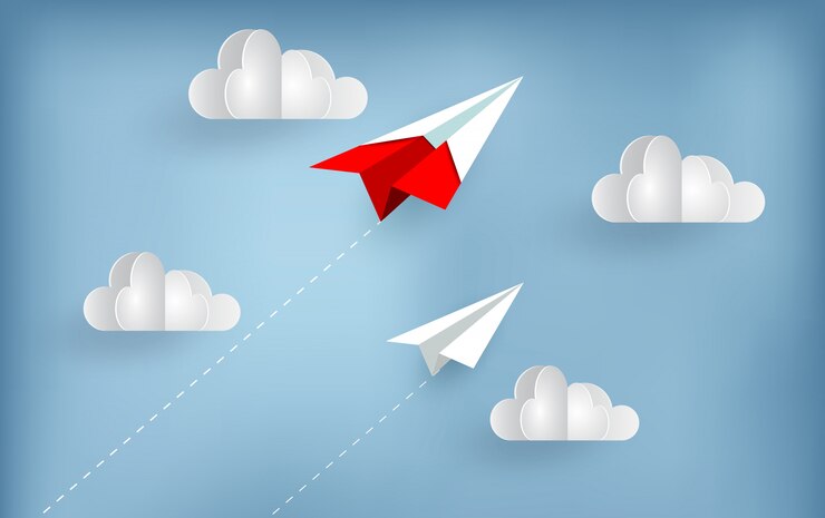 Vector paper plane fly up to sky while flying above a cloud