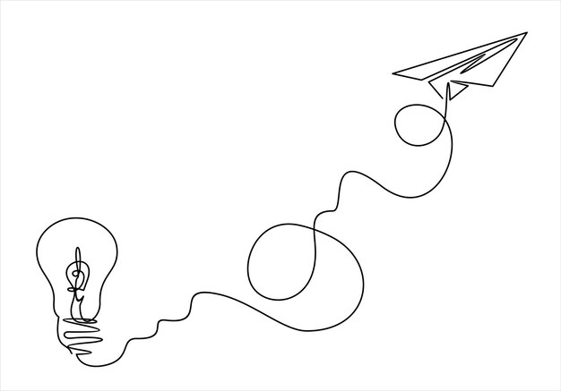 Paper plane flying up connected with light bulb in one continuous line