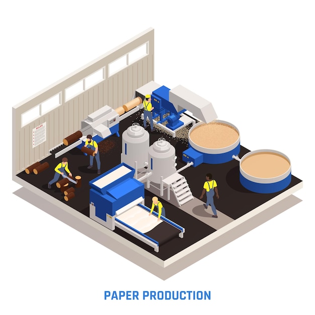 Paper production isometric and colored concept with cut tree preparation and digesting illustration