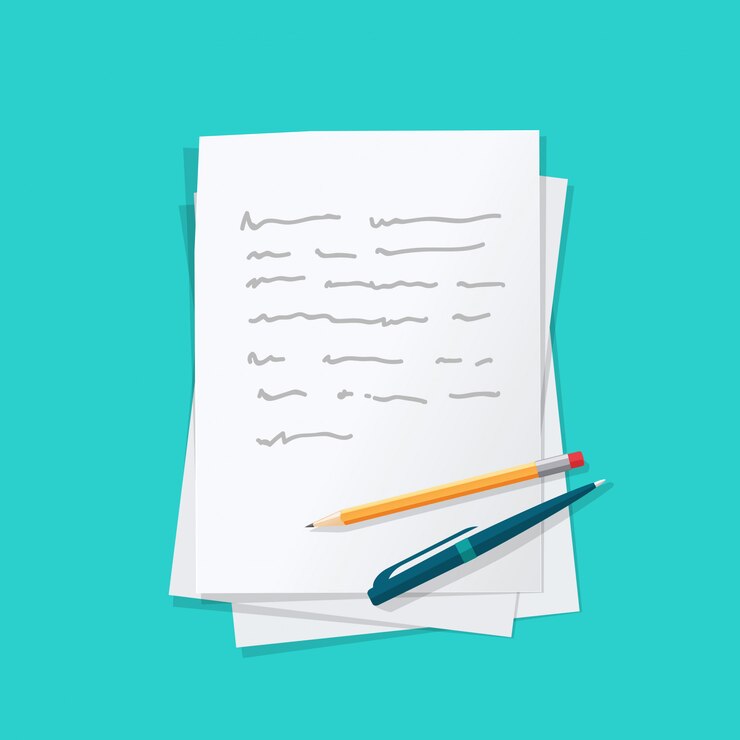 Vector paper sheets pile with abstract content text with pen and pencil