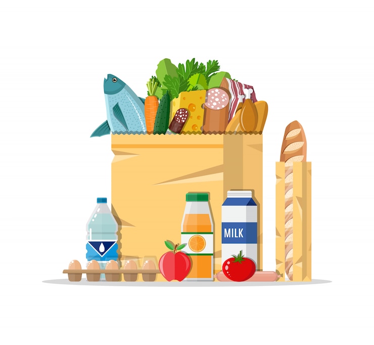 Vector paper shopping bag full of groceries products