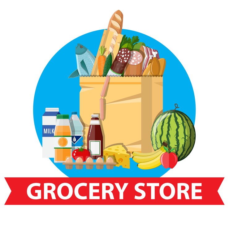Vector paper shopping bag full of groceries products