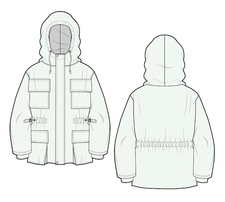 Vector parka jacket technical flat drawing vector template