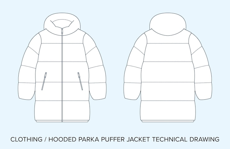 Vector parka puffer jacket technical drawing apparel blueprint for fashion designers