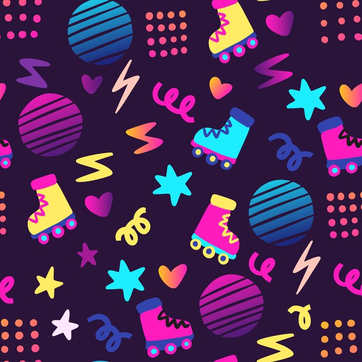 Party cool roller skates 80s styled seamless pattern. Vector.