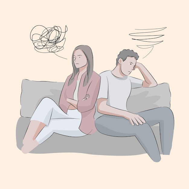 Pasangan berdebat memperjuangkan hubungan yang duduk di sofa tidak berbicara satu sama lain saling mengabaikan