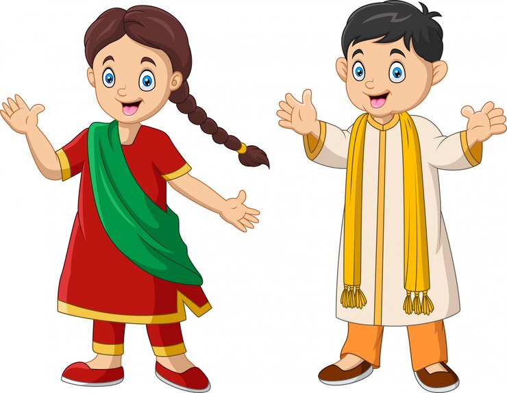Pasangan India kartun mengenakan kostum tradisional