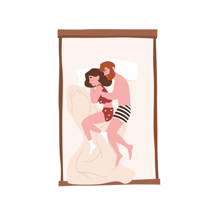 Vector pasangan muda yang manis berbaring di tempat tidur dan berpelukan atau memeluk