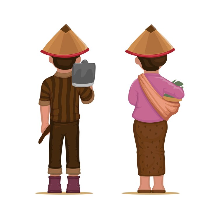 Vector pasangan pekerja petani asia dari set karakter tampilan belakang ilustrasi kartun vektor