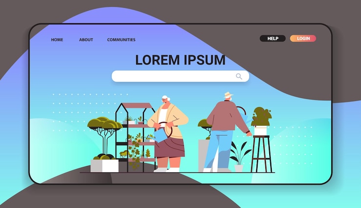 Vector pasangan tukang kebun senior merawat tanaman dan bunga pot di rumah kaca atau taman rumah, ilustrasi vektor horizontal panjang penuh dengan ruang salin