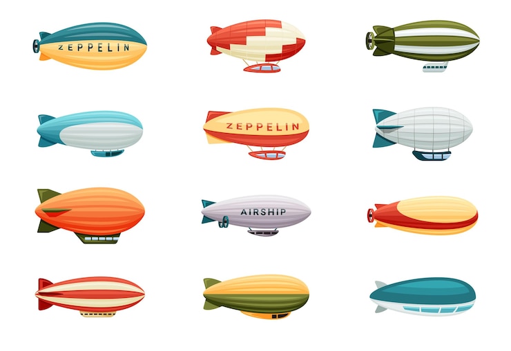 Vector passenger airships set. bright colored shaped balloons retro zeppelin with stripes cabins