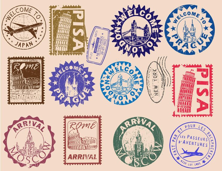 Passport stamp with different country landmark
