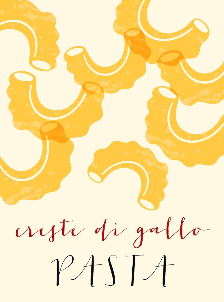Vector pasta italia creste di gallo. ilustrasi poster creste di gallo. cetakan modern untuk desain menu