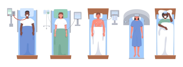 Vector patient in hospital bed top view lung ventilation cardiogram dropper mri and sick person vector illustration set