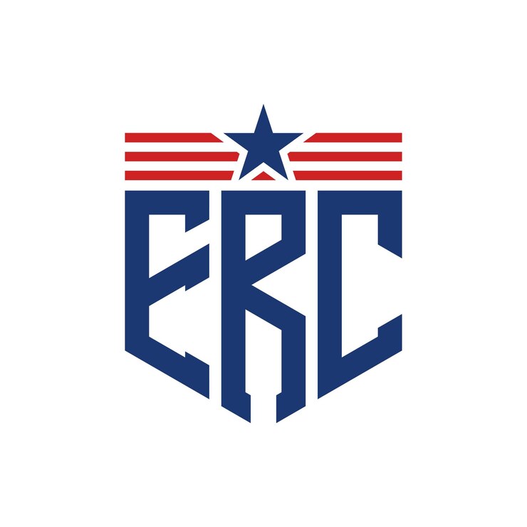 Vector patriotic erc logo with star and american flag straps letter erc logo with usa flag