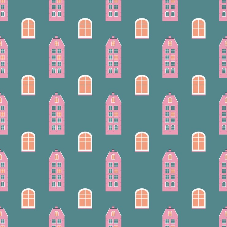 Pattern of pink house and window on green background