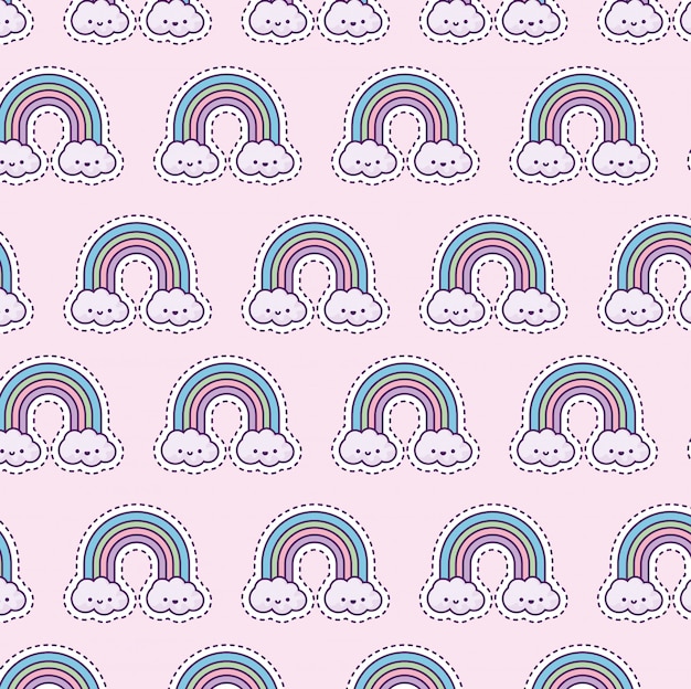 Pattern with rainbow and clouds, patch style