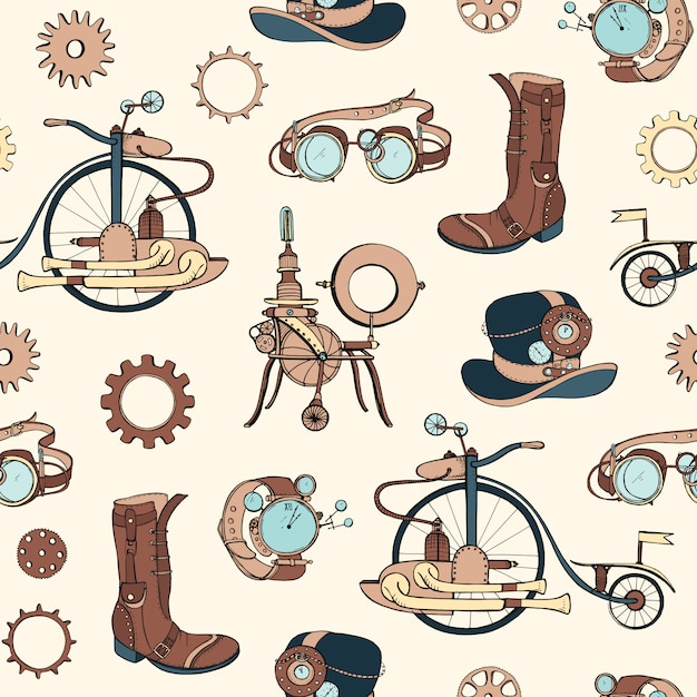 pattern with steampunk attributes and apparel hand drawn on light background.