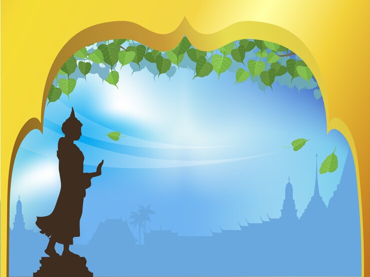 Vector patung buddha dan pohon bodhi dengan latar belakang kuil lengkung emas tradisi thailand.