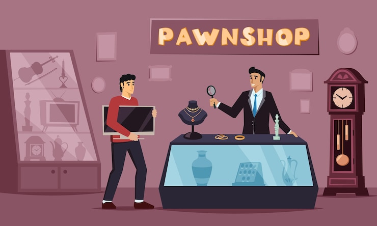 Vector pawn shop lombard jewelry tools for selling background male customer selling gadgets for pawnshop vector cartoon lombard background