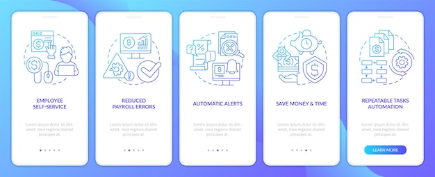 payroll processing software pros blue gradient onboarding mobile app screen