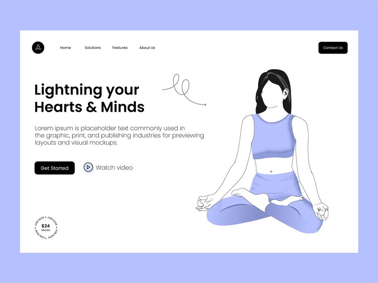 Peaceful woman doing yoga. cartoon calm female character sitting in a relaxing posture webpage
